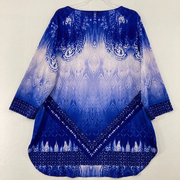 Nygard Top size XL Blue Abstract Boho Embellished Stretch 3/4 Sleeve Casual - Picture 9 of 10
